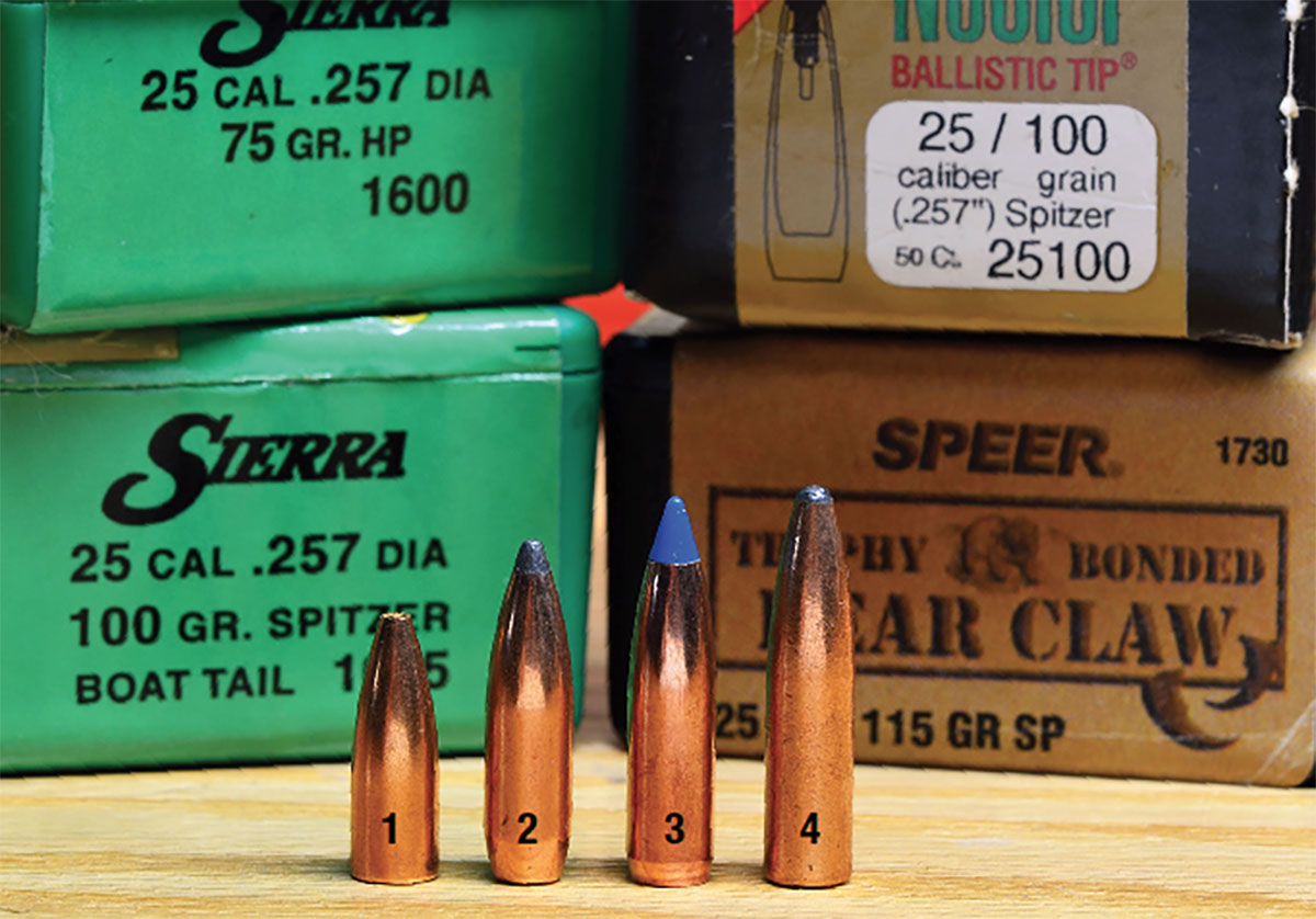 Bullets for the 257 Weatherby that worked particularly well: (1) Sierra 75-grain hollowpoint, (2) Sierra 100-grain GameKing and (3) Nosler 100-grain Ballistic Tip. The (4) Federal115-grain Trophy Bonded Bear Claw, as made by Federal and marketed by Speer, was short-lived, and is shown for reference purposes.